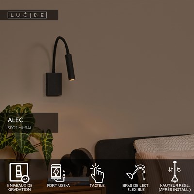 Lucide ALEC - Spot mural / Applique mural - LED 3 StepDim - G9 - 1x3W 2700K - Des anneaux interchangeables inclus - Noir